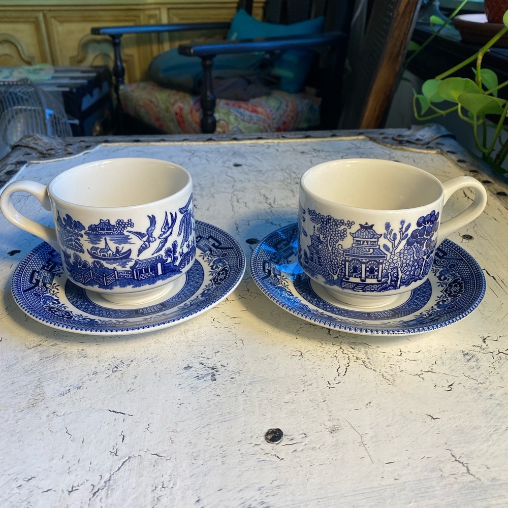 2 Churchill Blue Willow Georgia Style cups& Saucers